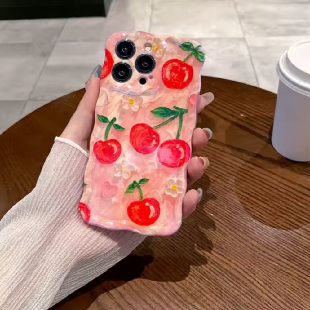 iPhone 14 Pro Max Retro Oil Painting Flower Glossy Cherry Floral Wave Phone Case - Picture 2 of 5